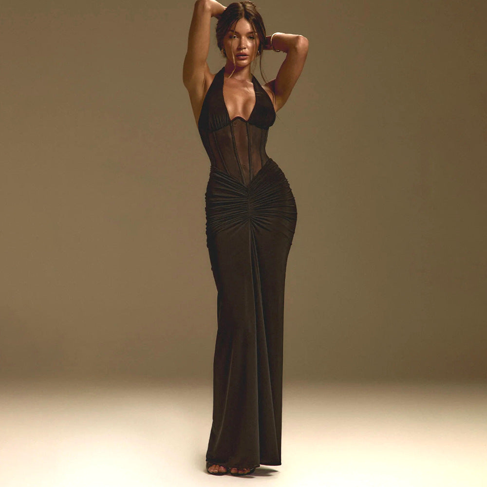 Elegant black halter-neck maxi sheath dress with sheer panels, lace hem in Langry fashion