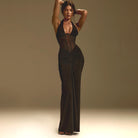 Elegant black halter-neck maxi sheath dress with sheer panels, lace hem in Langry fashion