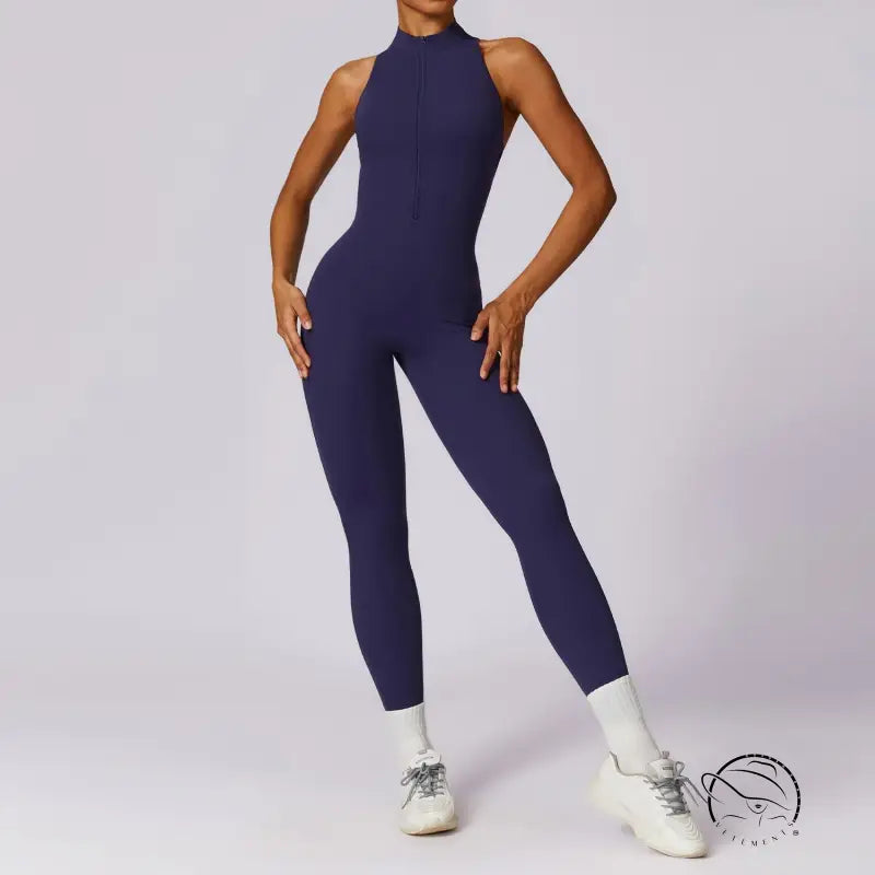 Langry navy blue high-neck sleeveless yoga jumpsuit with front zipper