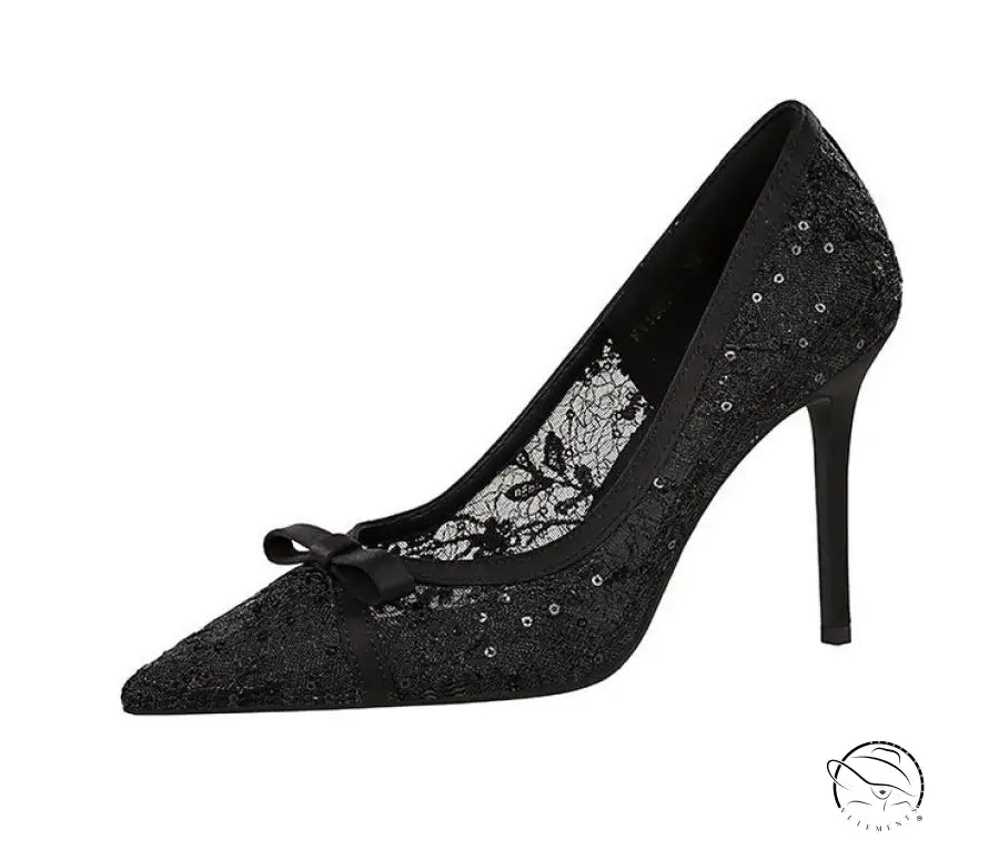 Cocktail High Heel Women Shoes Bow Sequined Lace Mesh Pointed Shallow Mouth Stiletto
