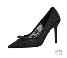 Cocktail High Heel Women Shoes Bow Sequined Lace Mesh Pointed Shallow Mouth Stiletto