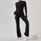 Black long-sleeved turtleneck one piece sportswear jumpsuit with flared legs
