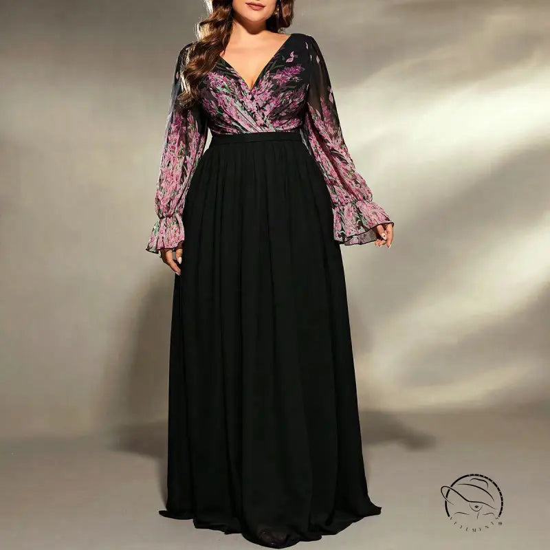 Plus size black and purple floral long sleeve ball gown evening dress