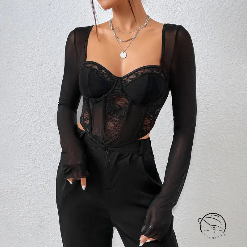 Black lace corset top with grenadine boning, slim fit, sheer sleeves