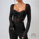 Black lace corset top with grenadine boning, slim fit, sheer sleeves