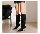 Langry fashion black suede knee-high ruched stiletto boots