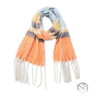 Cozy warm wool scarf in multicolored plaid with orange, yellow, blue, white fringed ends