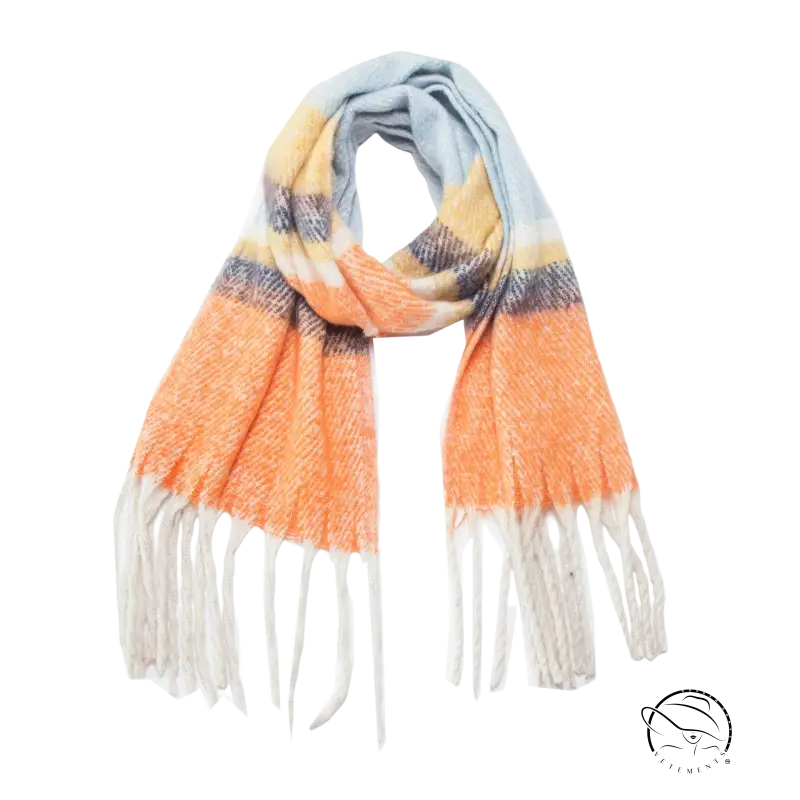Cozy warm wool scarf in multicolored plaid with orange, yellow, blue, white fringed ends