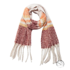 Cozy warm wool scarf in autumnal plaid with cream, orange, rust, and white fringe