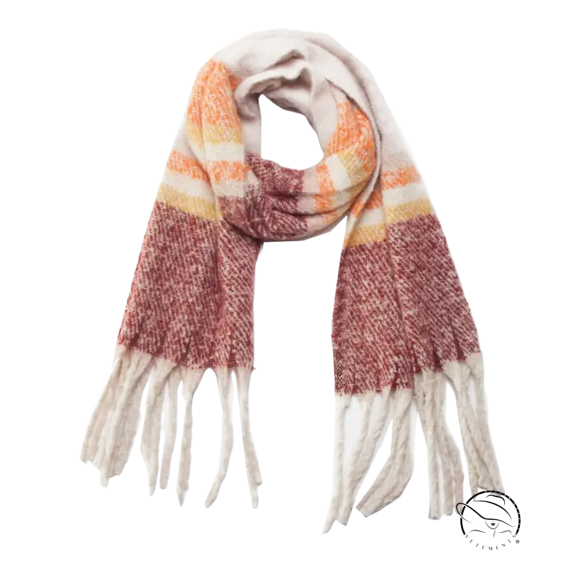 Cozy warm wool scarf in autumnal plaid with cream, orange, rust, and white fringe