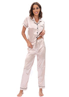 Langry rose gold satin pajama set with black piping and buttons