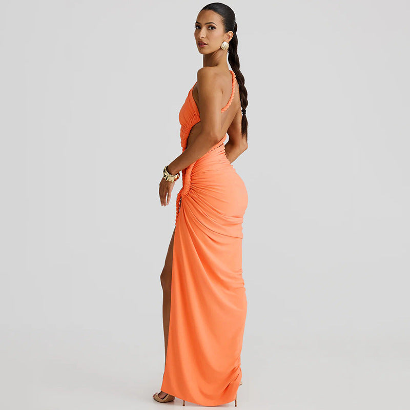 Orange one-shoulder maxi dress showcasing stunning cutout lace pleats in fashion ملابس