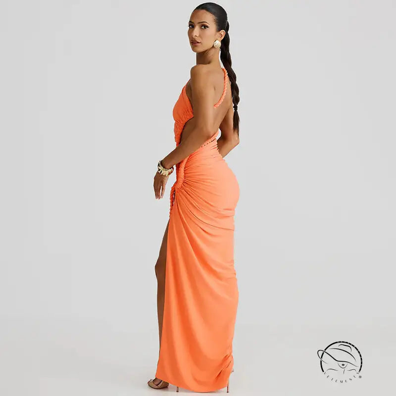 Stunning cutout lace pleated orange one-shoulder maxi dress