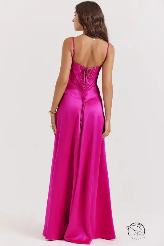 Elegant fuchsia satin langry fashion gown with corset back, backless evening dress