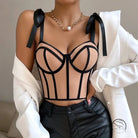 Nude tie boning corset camisole with white blazer and black pants