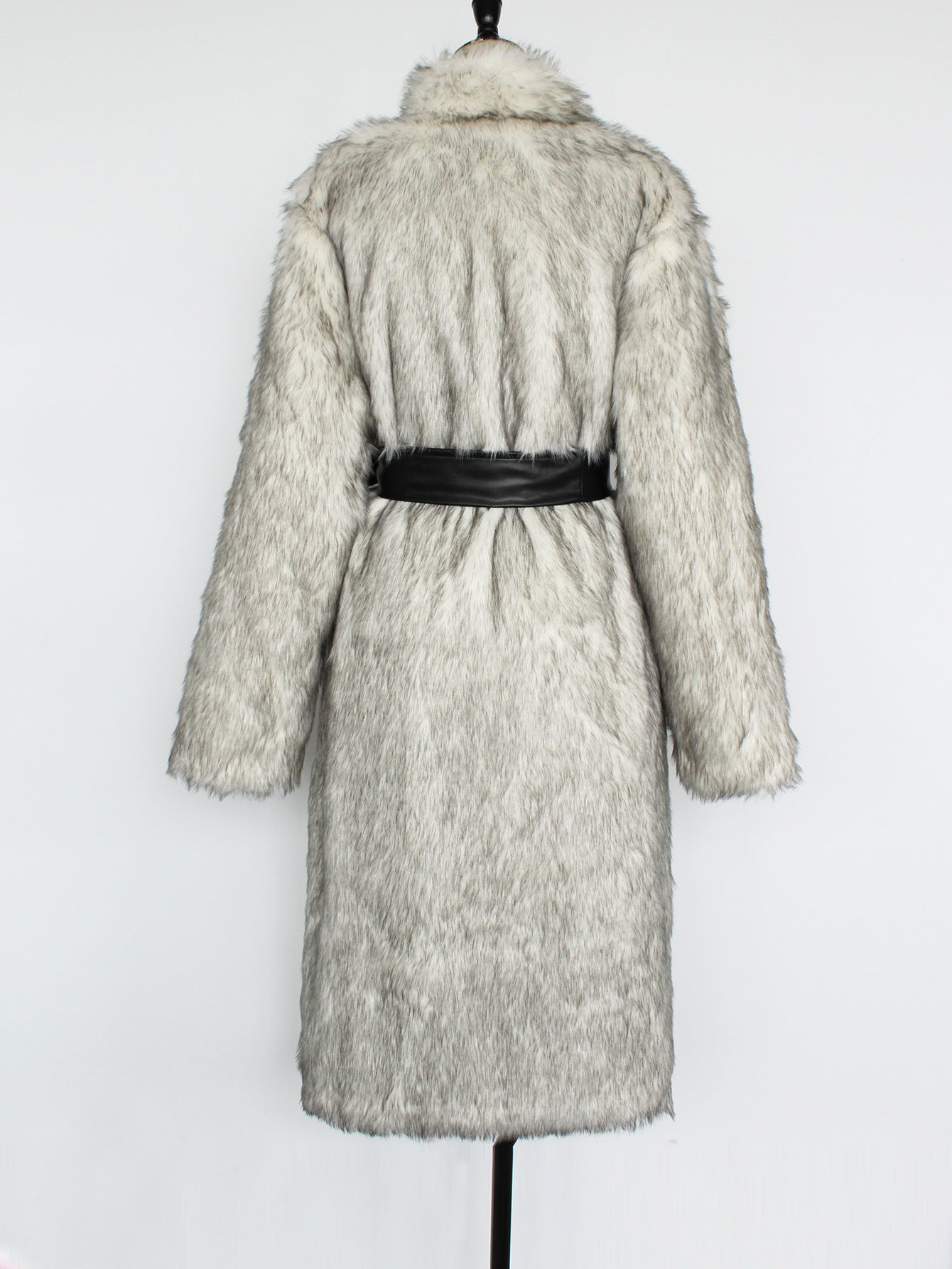Long faux fur overknee thickened coat in light gray with belt