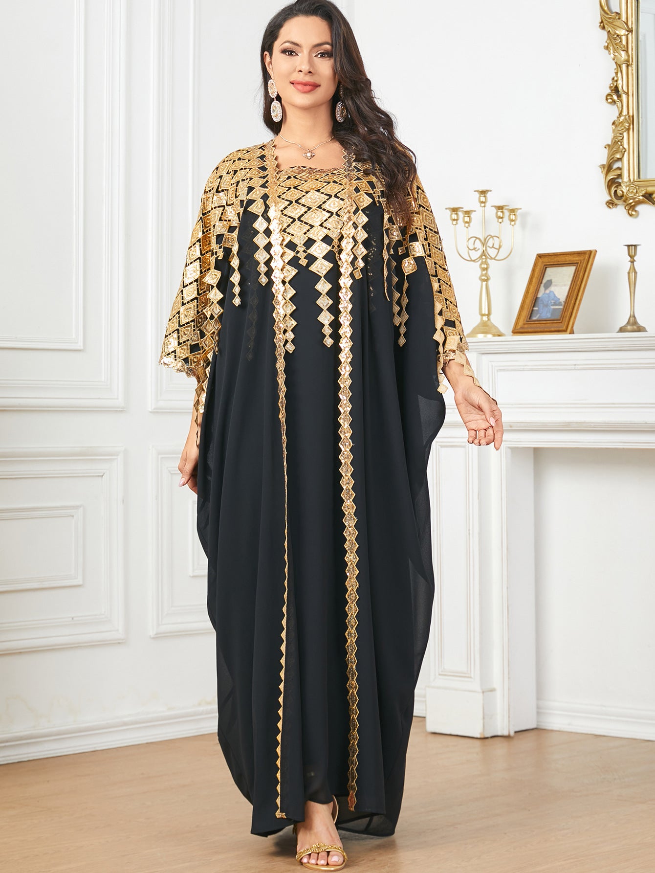 Langry black and gold kaftan dress with geometric patterns, fashion ملابس