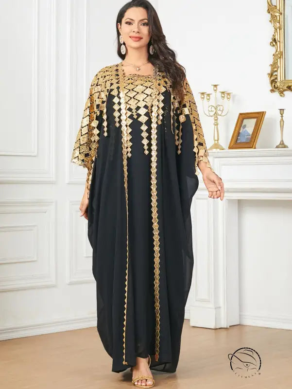 Black and gold langry fashion kaftan dress with geometric patterns