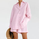 Pink Cotton Linen Pajamas Suit featuring a stylish shirt and shorts two piece set