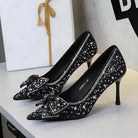 Langry fashion black stiletto pumps with rhinestone bowknot details