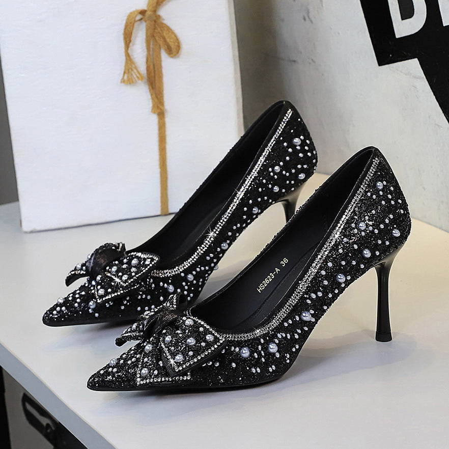 Langry fashion black stiletto pumps with rhinestone bowknot details