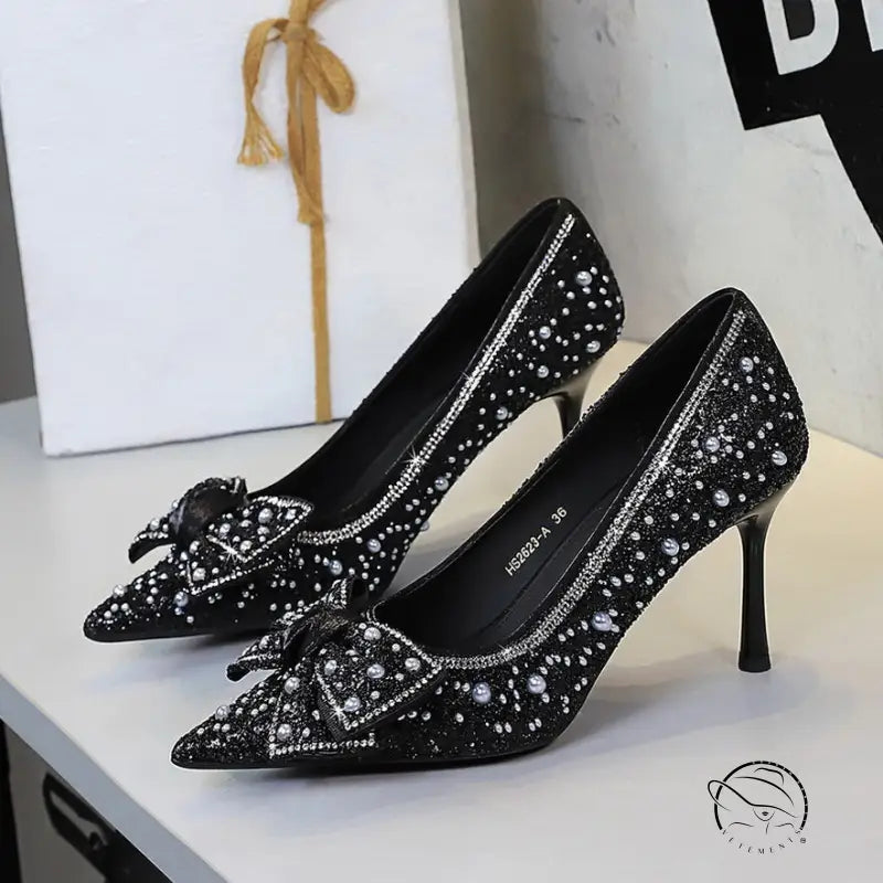 Langry fashion black stiletto pumps with rhinestone bowknot details