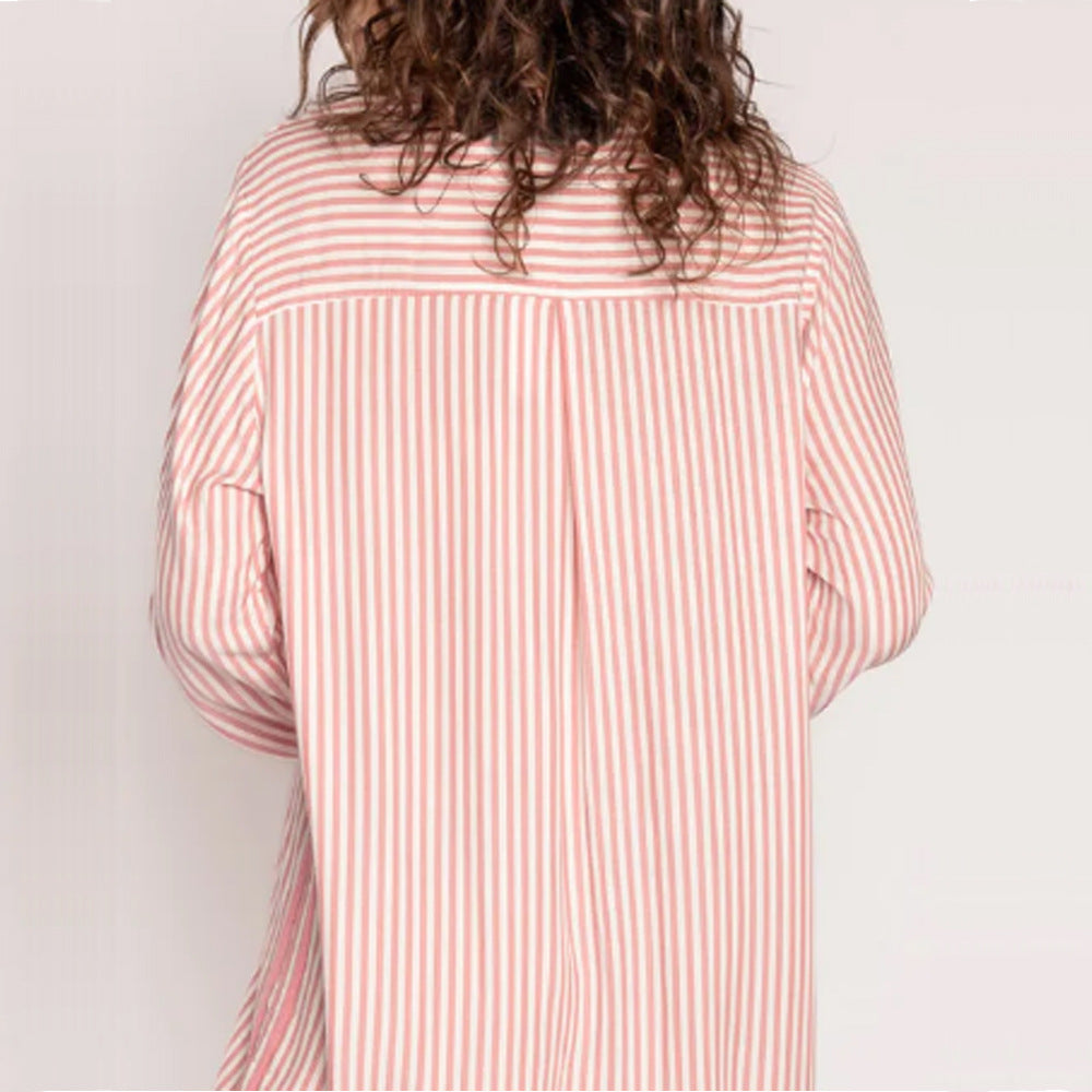 Langry pink white striped button-down homewear shirt with fringed hem