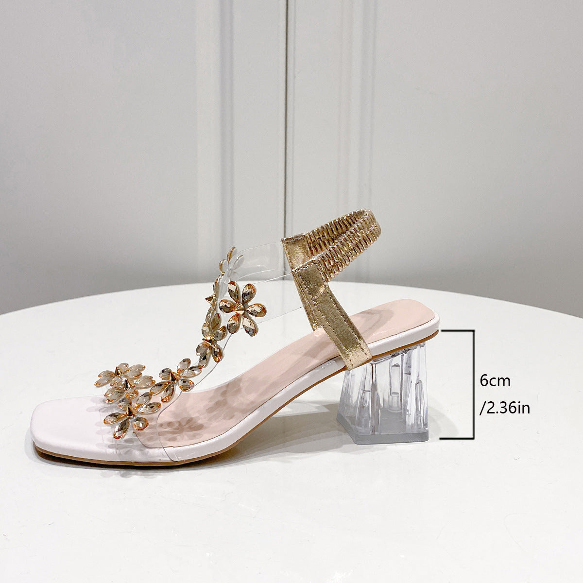 Square Toe Crystal Heel Floral Sandals
