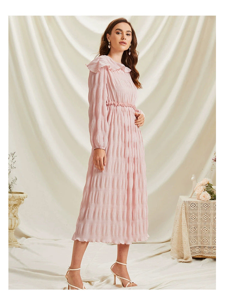 Pink French Sweet Lace Collar Long Sleeve Pleated Dress