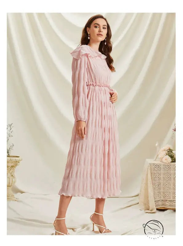 Pink long sleeve French sweet lace collar pleated dress with ruffles
