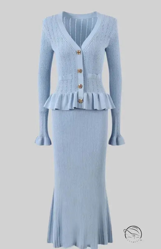 Elegant classic dress and skirt set in light blue knit