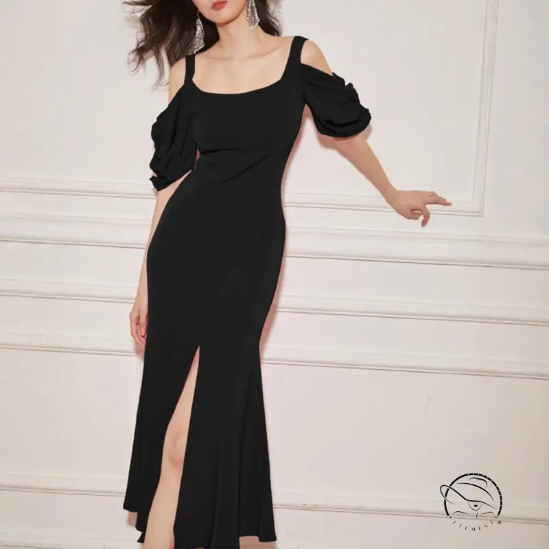 Elegant black backless slit dress with off-shoulder neckline and thigh-high slit