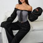 Langry fall slim fit tie boning corset: black gray off-shoulder wide-leg jumpsuit