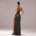 Strapless olive green gown with thigh-high slit from Beautiful Sheath Cocktail Evening Dress