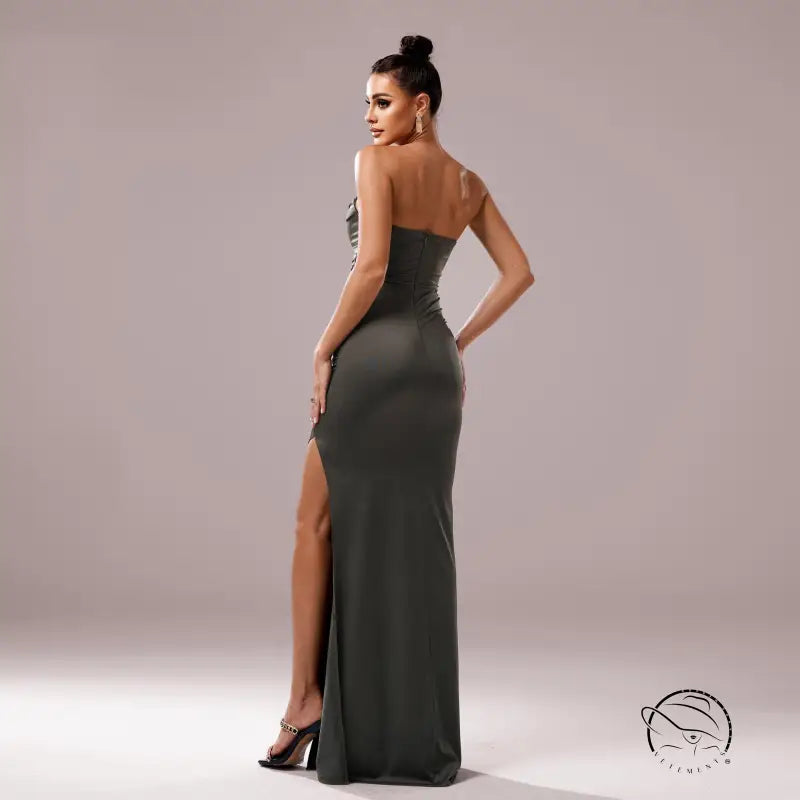 Strapless olive green cocktail evening dress with thigh-high slit