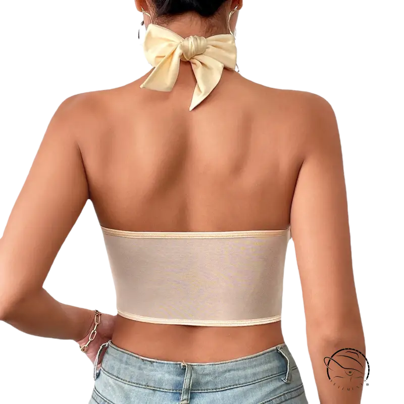 Back view of sexy cross halter corset with boning