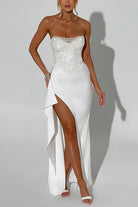 White strapless gown with high slit from Casual Party Split Dress collection in modern fashion