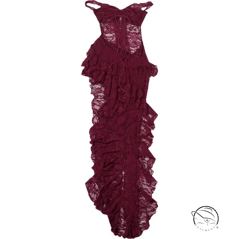 Burgundy lace ruffled langry bodysuit in elegant slim fit fashion dress