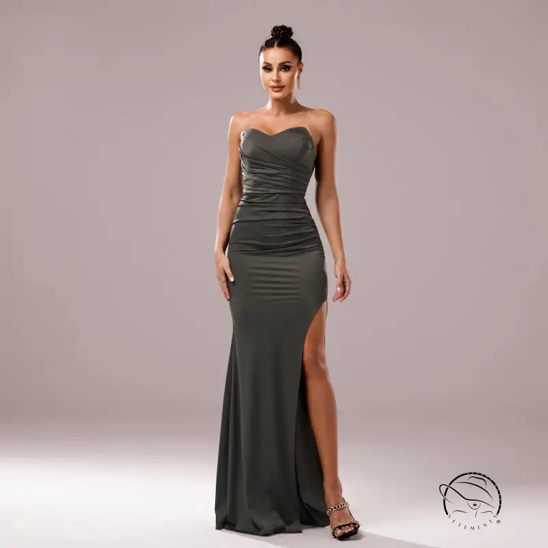 Strapless olive-green thigh-slit cocktail evening dress