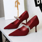 Langry fashion red satin high heel shoes with rhinestone accents