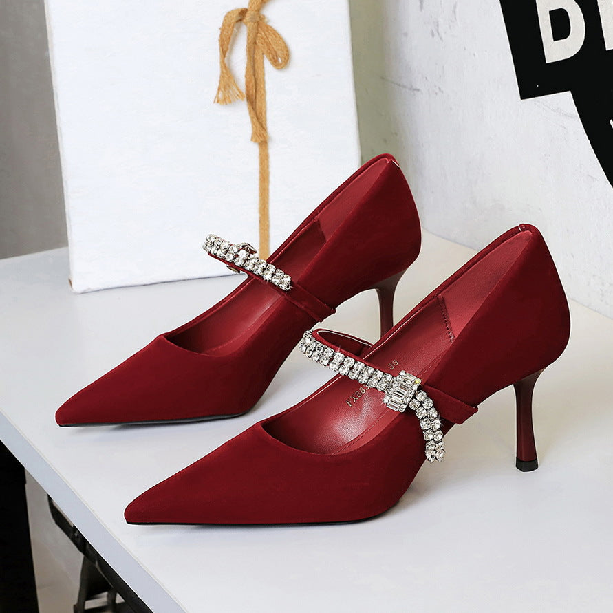 Langry fashion red satin high heel shoes with rhinestone accents