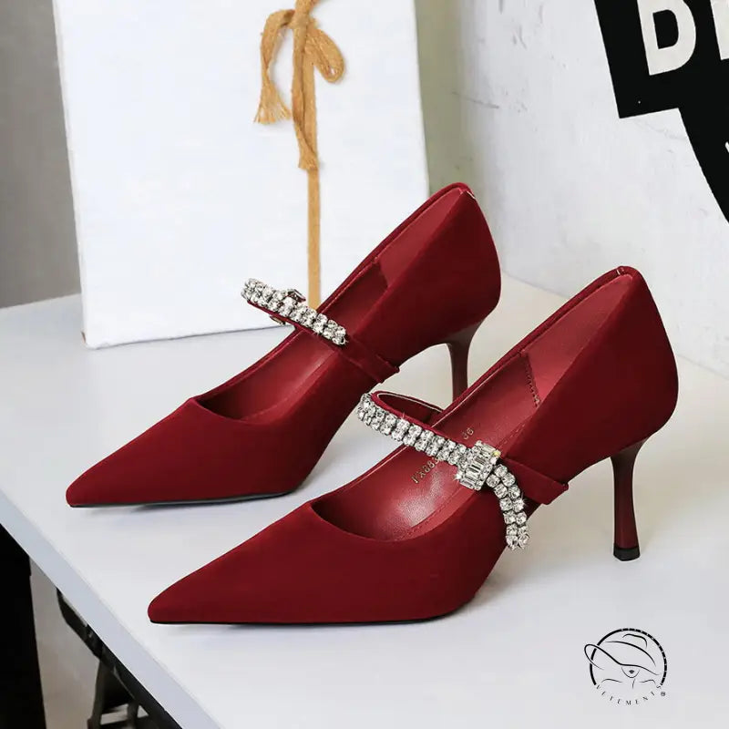 Red satin pointed-toe high heels with rhinestone straps by Langry fashion
