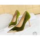Langry olive green velvet pumps with gold pointed toe caps and stiletto heels for fashion