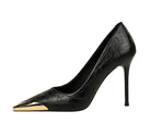 Langry fashion black patent leather high heel with gold toe cap
