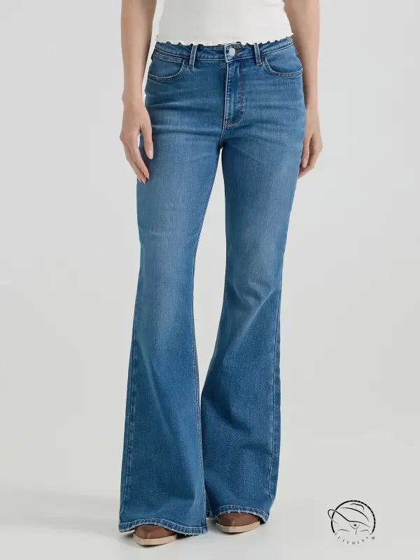 Comfy embroidered micro stretch jeans in medium-wash flared high-waist denim