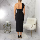 Elegant black one-shoulder midi dress by Langry Fashion, fitted bodice with back zipper