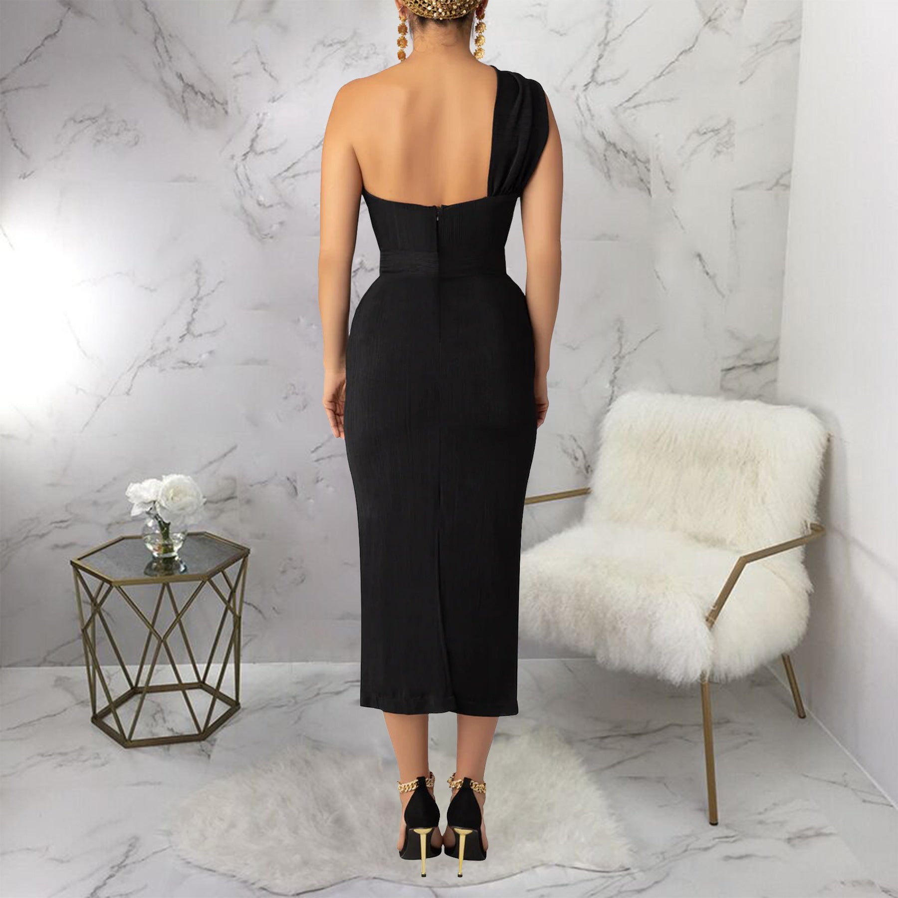Elegant black one-shoulder midi dress by Langry Fashion, fitted bodice with back zipper