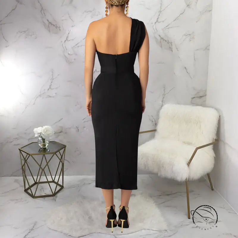 Black langry one-shoulder midi dress with fitted bodice and back zipper