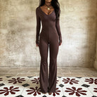 Sleek langry fashion brown jumpsuit with V-neck and zipper