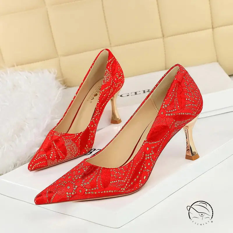 Langry fashion red pointed toe heels with rhinestones